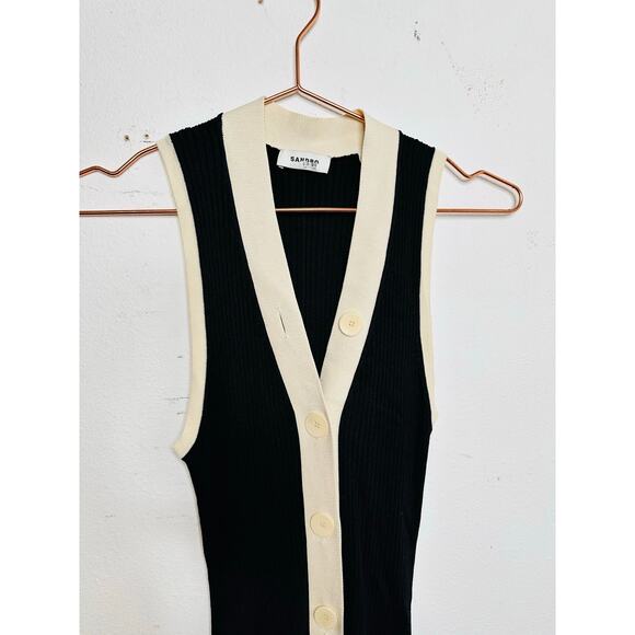 SANDRO Black White Ribbed Knit Beige Button Placket Gabriel Maxi Dress Size 38 - Picture 10 of 16